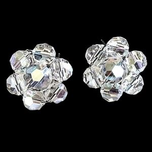 💗 Vintage 60s Faceted AB Glass Austrian Crystal Cluster Clip On Earrings